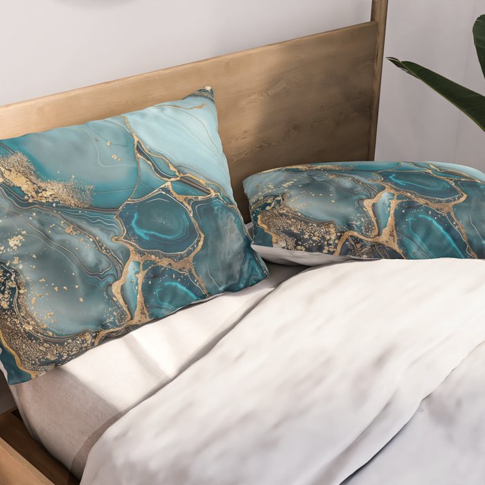Magnific Marble Glam Teal Gold Luxury Pillow Sham Gallery Image 2