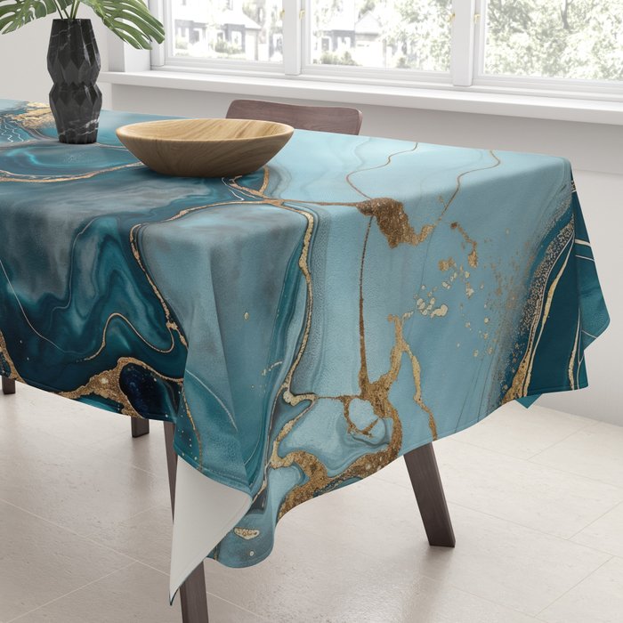 Magnific Marble Glam Teal Gold Luxury Tablecloth Gallery Image 3