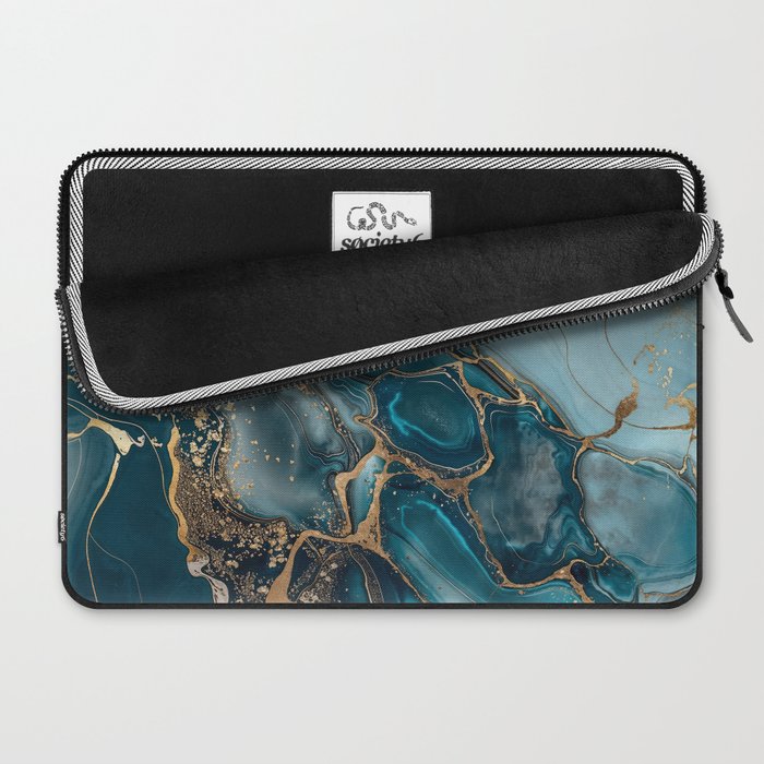 Magnific Marble Glam Teal Gold Luxury Laptop Sleeve Gallery Image 2