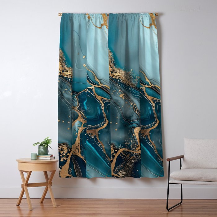 Magnific Marble Glam Teal Gold Luxury Window Curtain Gallery Image 5