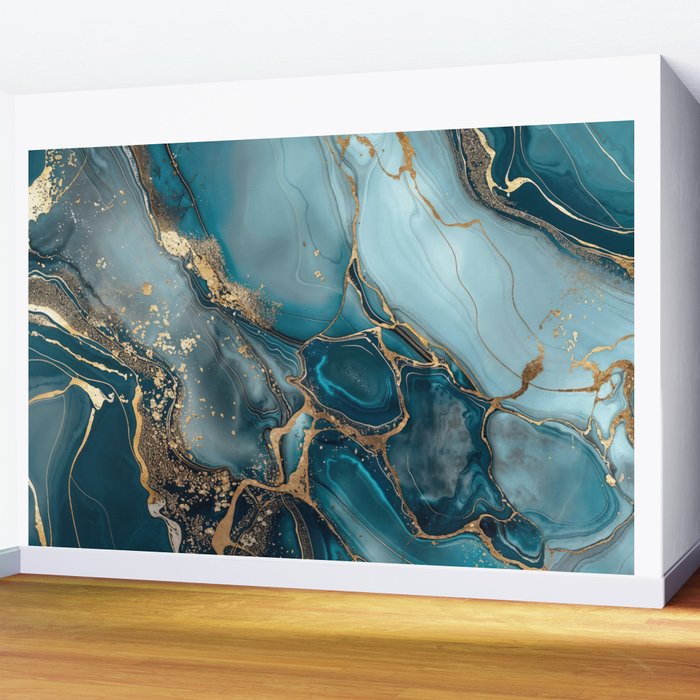 Magnific Marble Glam Teal Gold Luxury Wall Mural Gallery Image 2