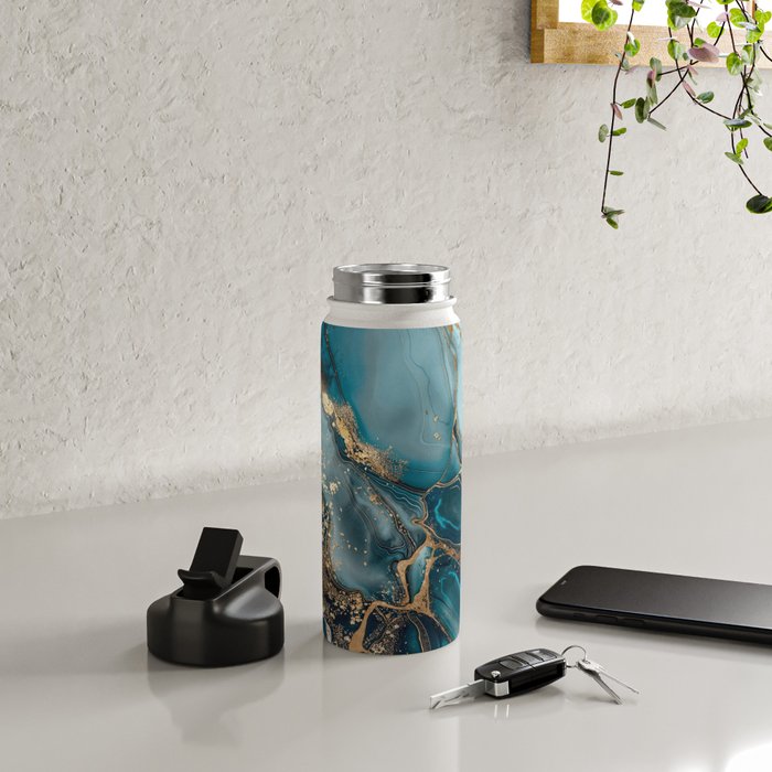 Magnific Marble Glam Teal Gold Luxury Water Bottle Gallery Image 4