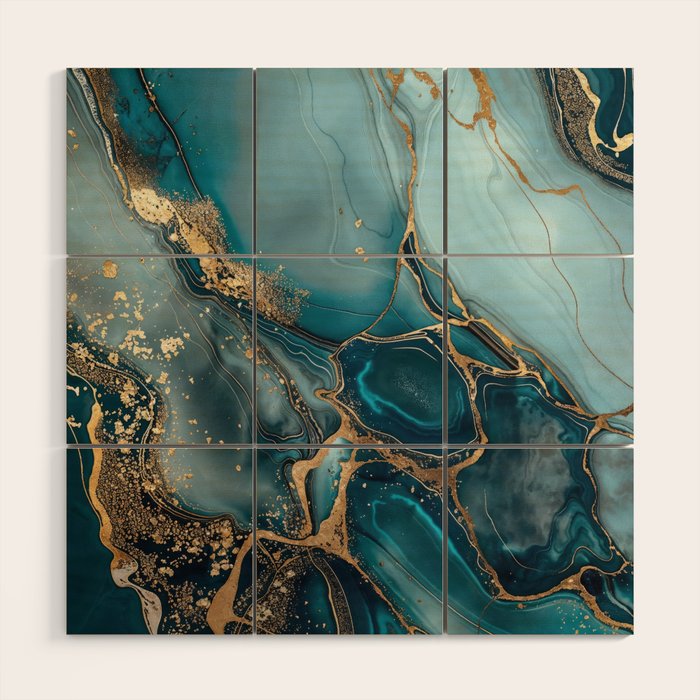 Magnific Marble Glam Teal Gold Luxury Wood Wall Art Gallery Image 1