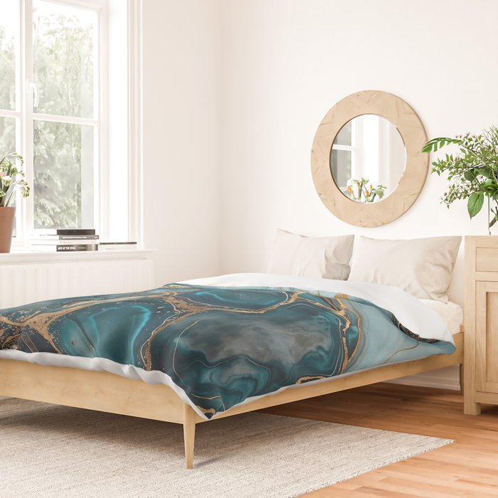 Magnific Marble Glam Teal Gold Luxury Duvet Cover Gallery Image 2