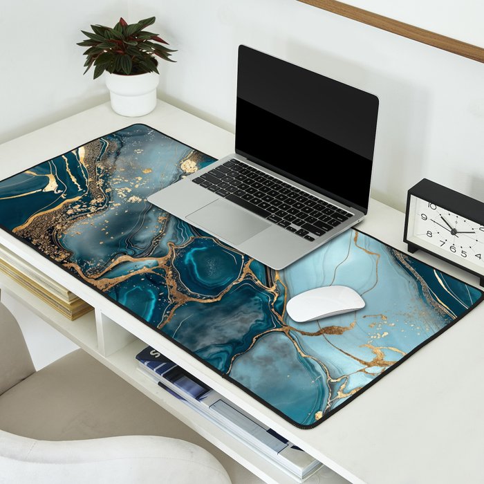 Magnific Marble Glam Teal Gold Luxury Desk Mat Gallery Image 2