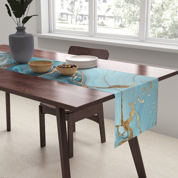 Magnific Marble Glam Teal Gold Luxury Table Runner Gallery Image 2