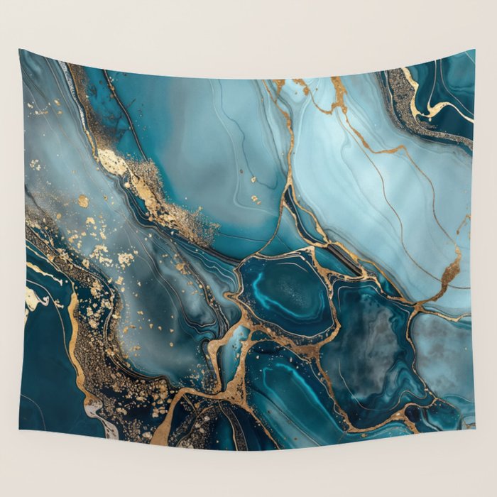 Magnific Marble Glam Teal Gold Luxury Wall Tapestry Gallery Image 4