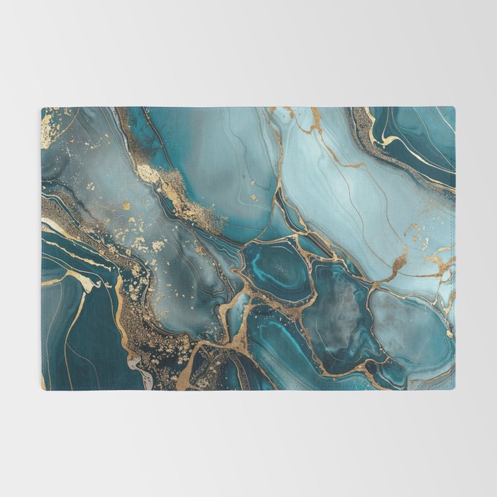 Magnific Marble Glam Teal Gold Luxury Rug Gallery Image 2