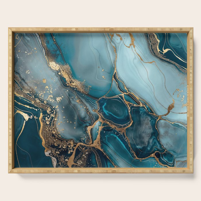 Magnific Marble Glam Teal Gold Luxury Serving Tray Gallery Image 1