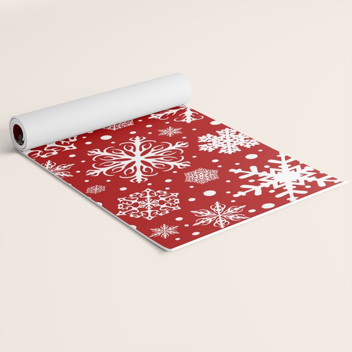 Christmas Snowflakes Pattern, Festive Red and White Yoga Mat Gallery Image 2