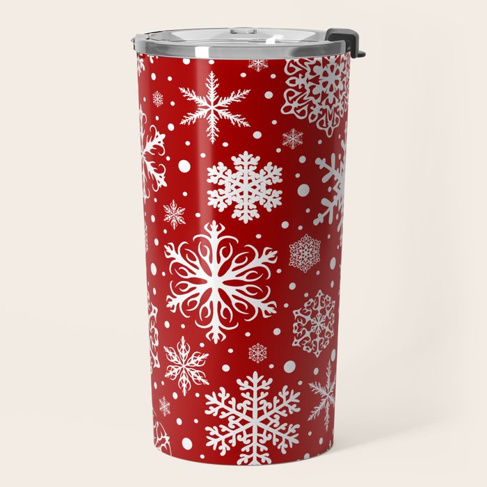 Christmas Snowflakes Pattern, Festive Red and White Travel Mug Gallery Image 2