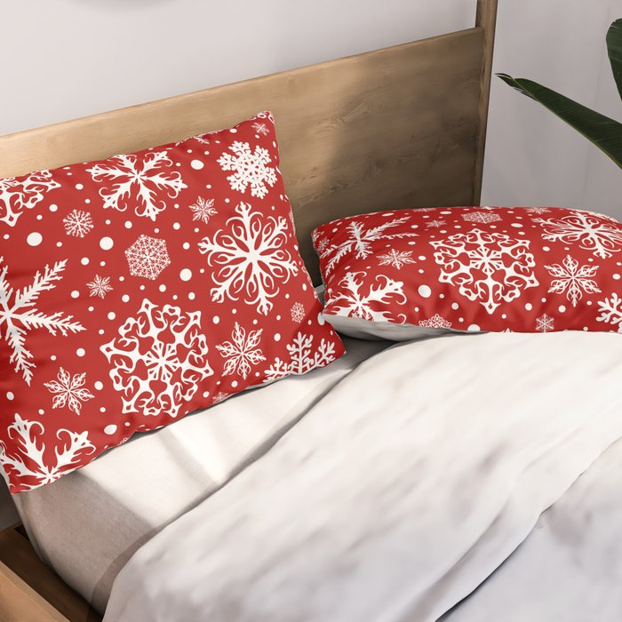 Christmas Snowflakes Pattern, Festive Red and White Pillow Sham Gallery Image 2