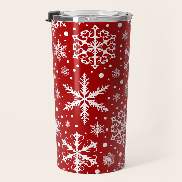 Christmas Snowflakes Pattern, Festive Red and White Travel Mug Gallery Image 3