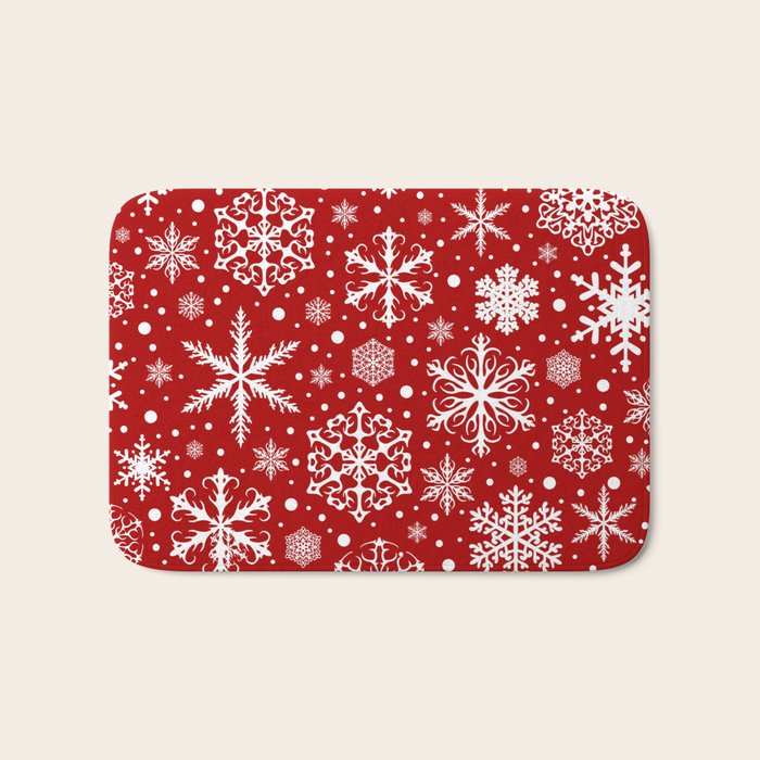 Christmas Snowflakes Pattern, Festive Red and White Bath Mat Gallery Image 1