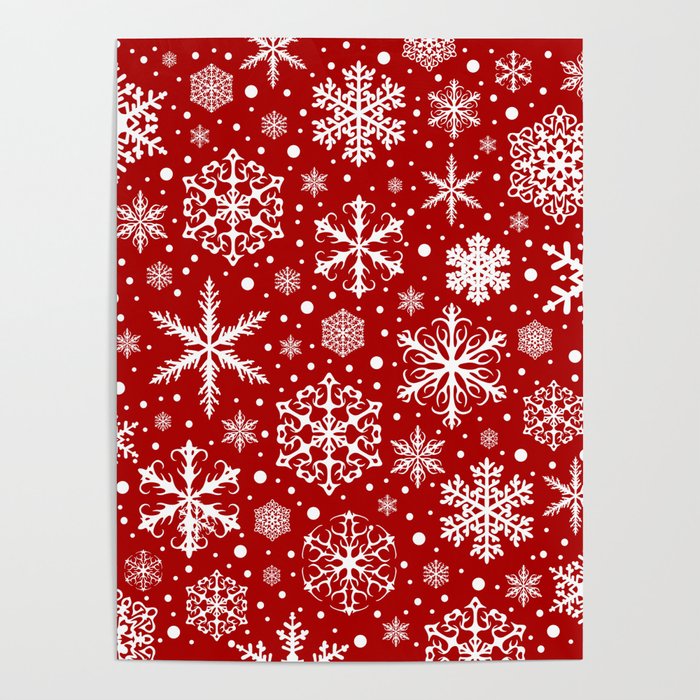 Christmas Snowflakes Pattern, Festive Red and White Poster Gallery Image 4