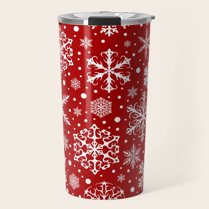 Christmas Snowflakes Pattern, Festive Red and White Travel Mug Gallery Image 1