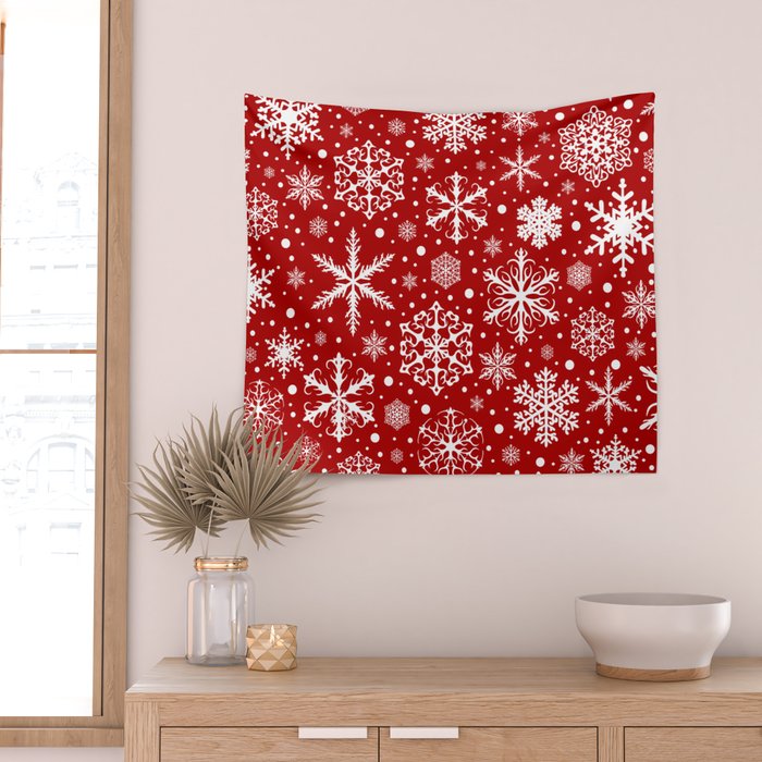 Christmas Snowflakes Pattern, Festive Red and White Wall Tapestry Gallery Image 2