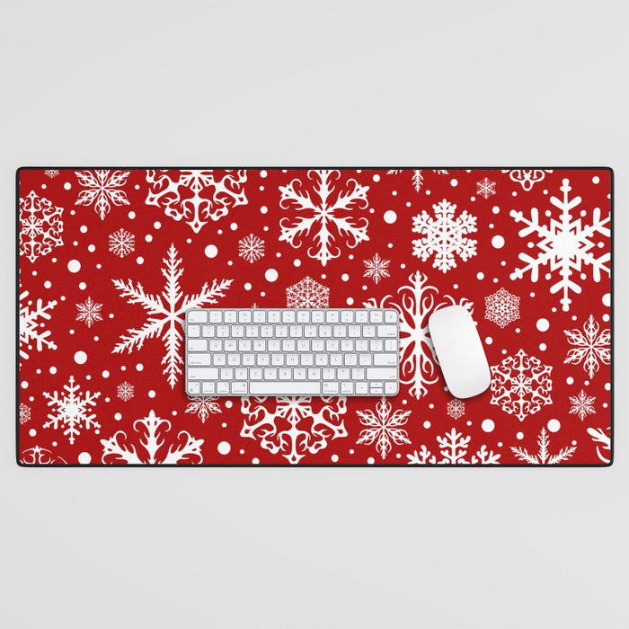 Christmas Snowflakes Pattern, Festive Red and White Desk Mat Gallery Image 1