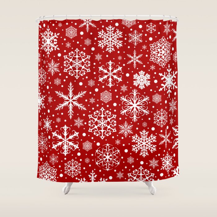 Christmas Snowflakes Pattern, Festive Red and White Shower Curtain Gallery Image 1