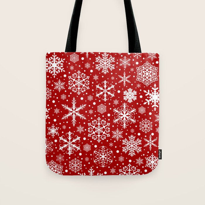 Christmas Snowflakes Pattern, Festive Red and White Tote Bag Gallery Image 1