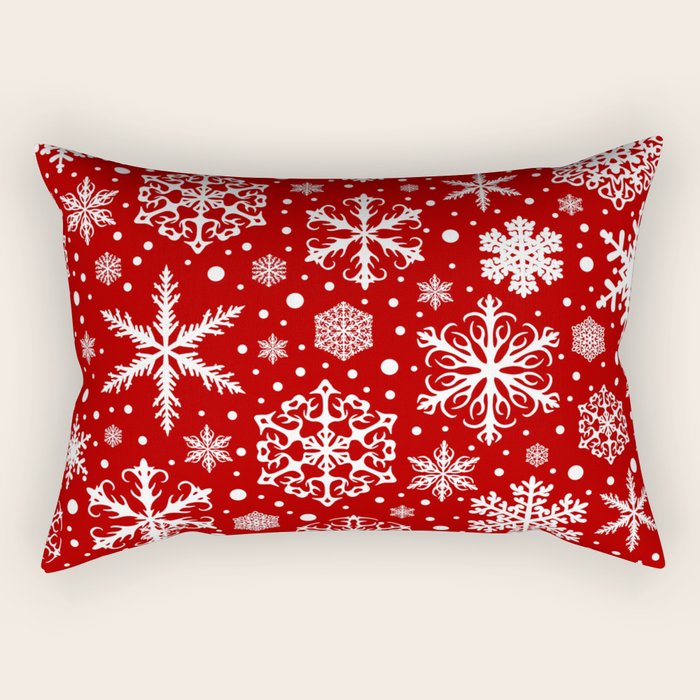 Christmas Snowflakes Pattern, Festive Red and White Rectangular Pillow Gallery Image 1