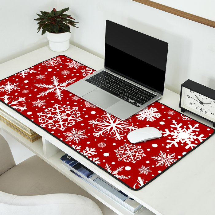 Christmas Snowflakes Pattern, Festive Red and White Desk Mat Gallery Image 2