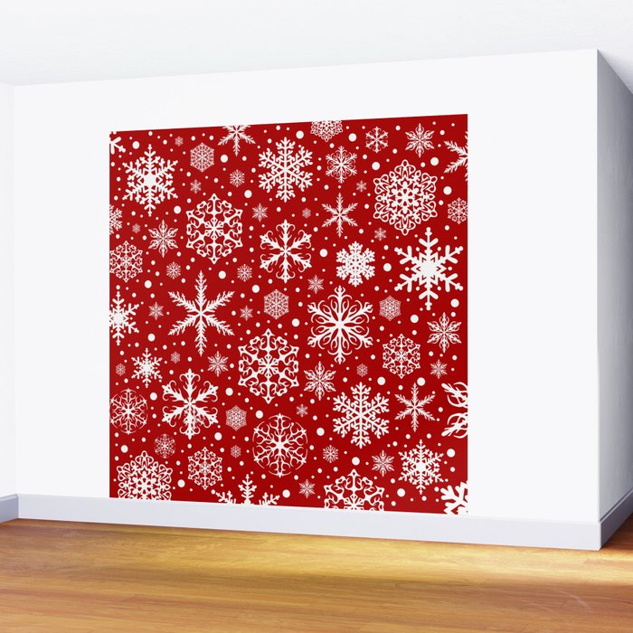 Christmas Snowflakes Pattern, Festive Red and White Wall Mural Gallery Image 2