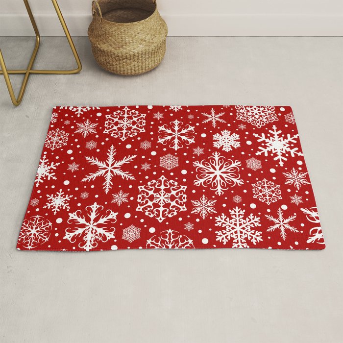 Christmas Snowflakes Pattern, Festive Red and White Rug Gallery Image 1