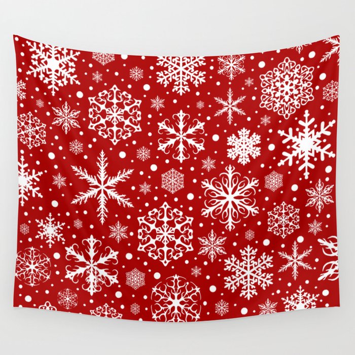 Christmas Snowflakes Pattern, Festive Red and White Wall Tapestry Gallery Image 1