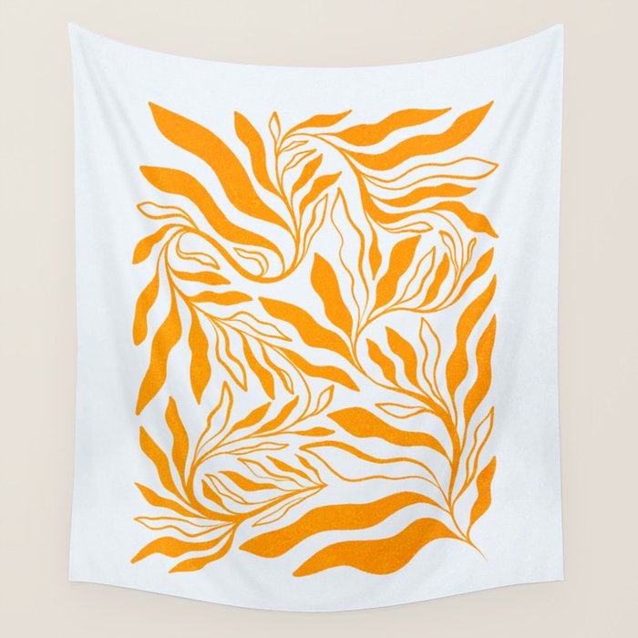 Endless Leaf Summer Illustration 1 Tangerine on pastel blue Wall Tapestry Gallery Image 4