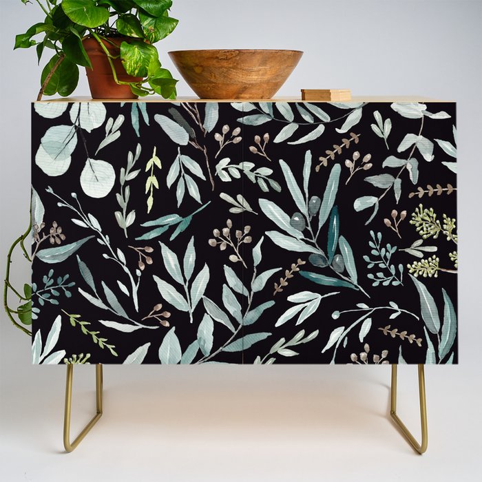 Black Eucalyptus Leaves Pattern Credenza Gallery Image 1