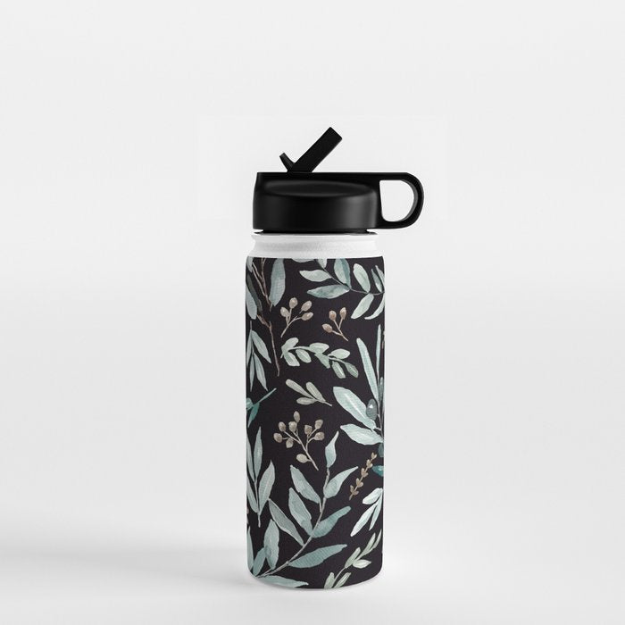 Black Eucalyptus Leaves Pattern Water Bottle Gallery Image 1
