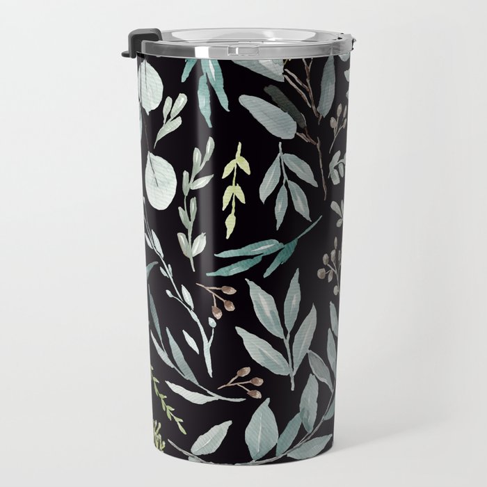 Black Eucalyptus Leaves Pattern Travel Mug Gallery Image 3