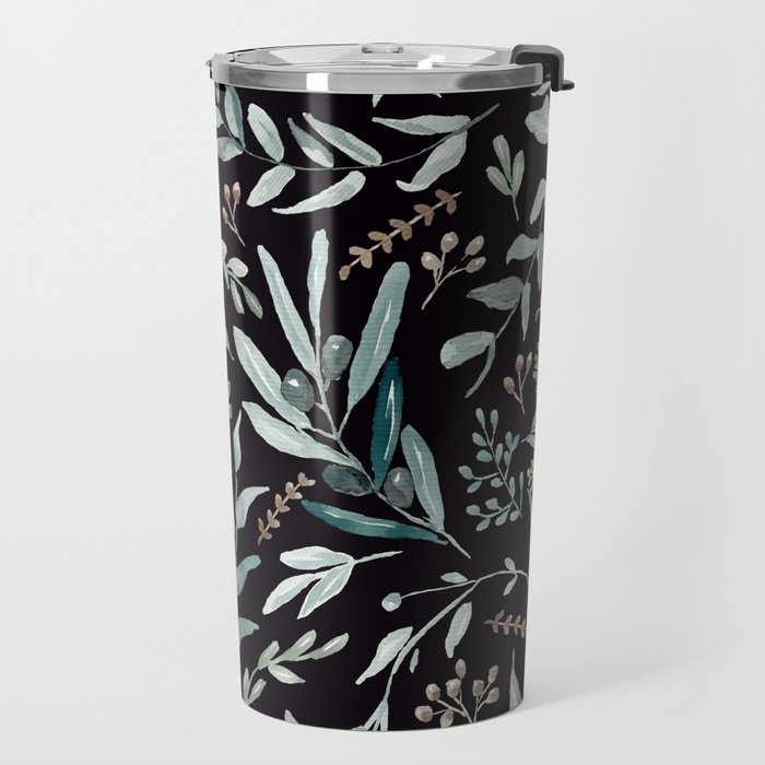 Black Eucalyptus Leaves Pattern Travel Mug Gallery Image 2