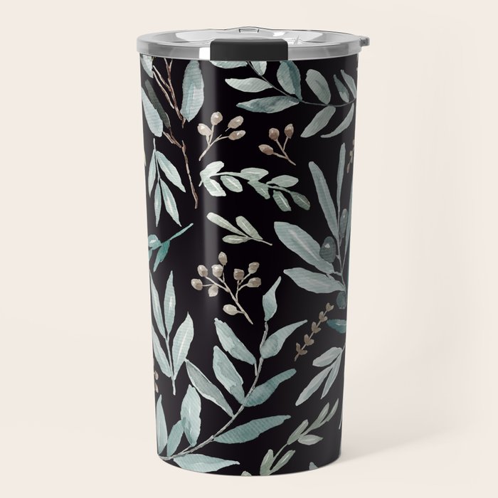 Black Eucalyptus Leaves Pattern Travel Mug Gallery Image 1