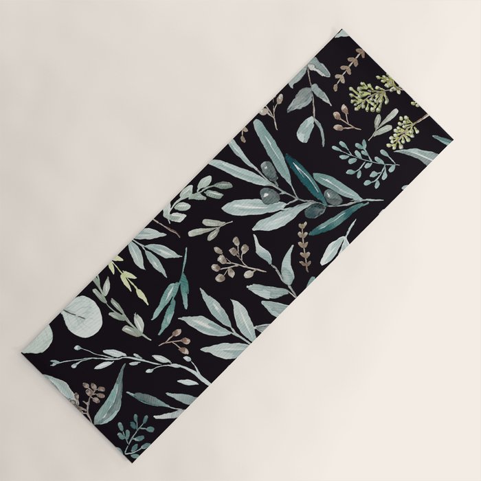 Black Eucalyptus Leaves Pattern Yoga Mat Gallery Image 1
