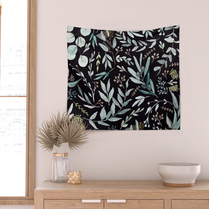 Black Eucalyptus Leaves Pattern Wall Tapestry Gallery Image 2