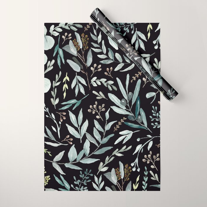 Black Eucalyptus Leaves Pattern Wrapping Paper Gallery Image 1