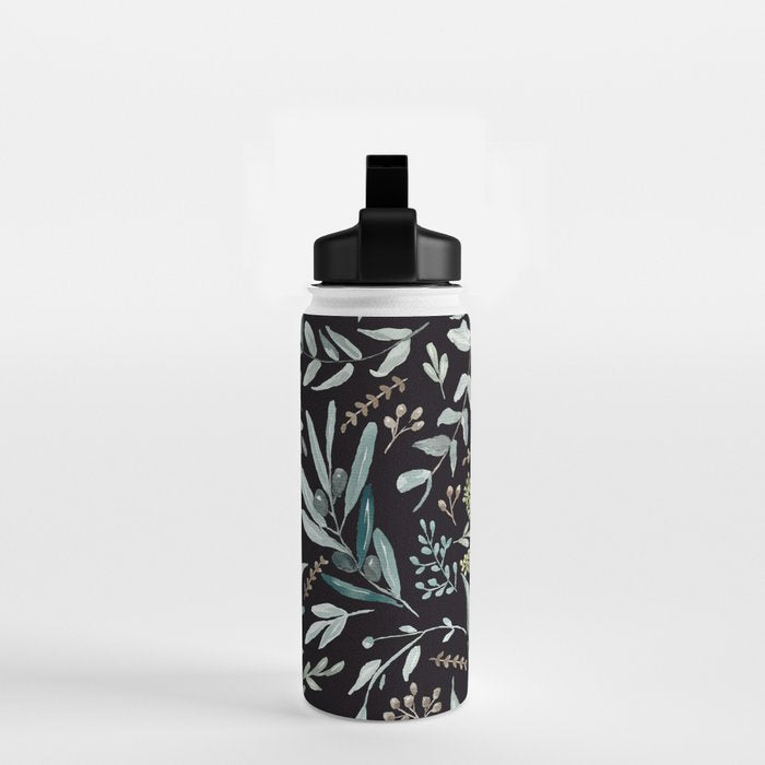 Black Eucalyptus Leaves Pattern Water Bottle Gallery Image 2