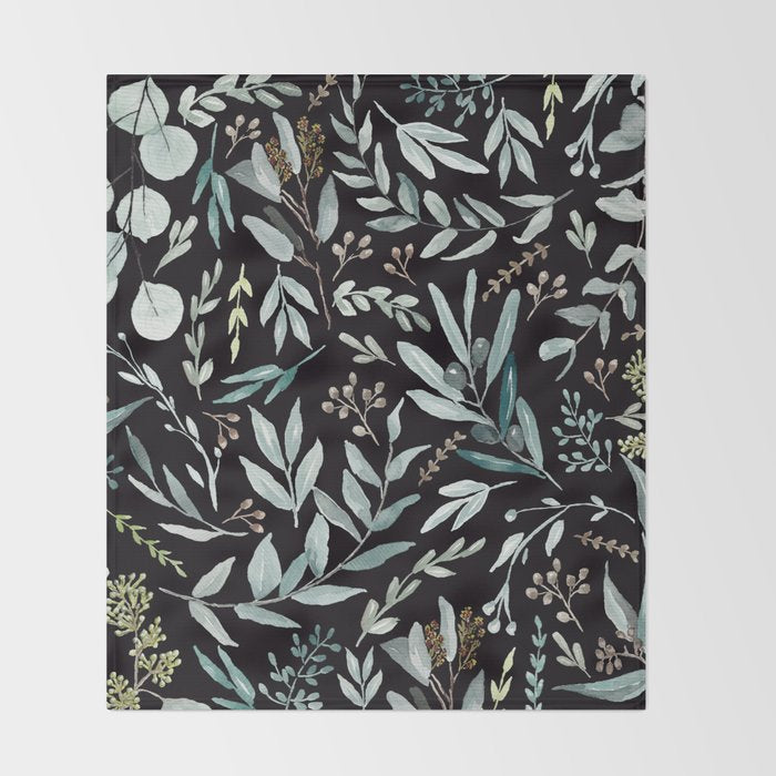 Black Eucalyptus Leaves Pattern Throw Blanket Gallery Image 2