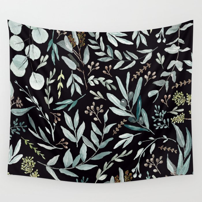 Black Eucalyptus Leaves Pattern Wall Tapestry Gallery Image 1