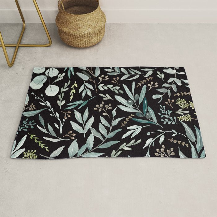 Black Eucalyptus Leaves Pattern Rug Gallery Image 1