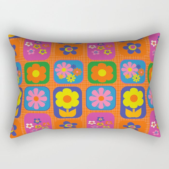 Retro Flower Patch Cute & Colorful Pattern on Orange Rectangular Pillow Gallery Image 1