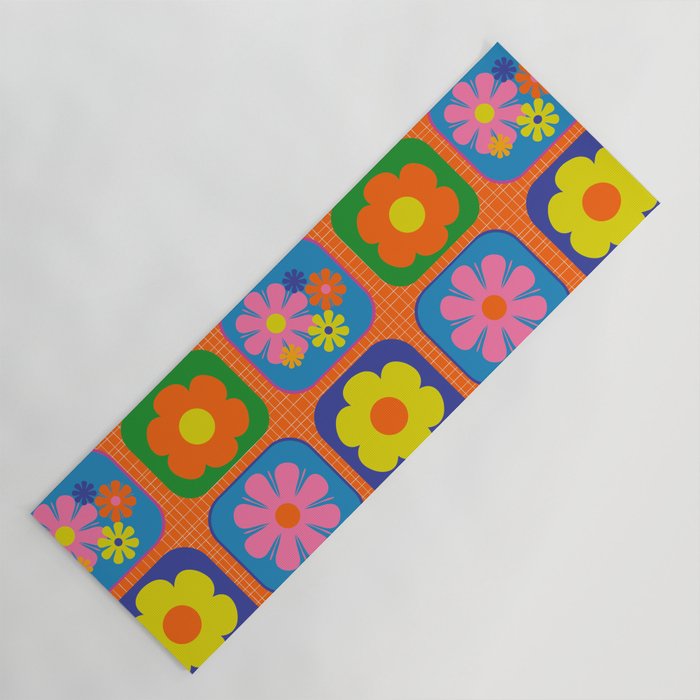 Retro Flower Patch Cute & Colorful Pattern on Orange Yoga Mat Gallery Image 1