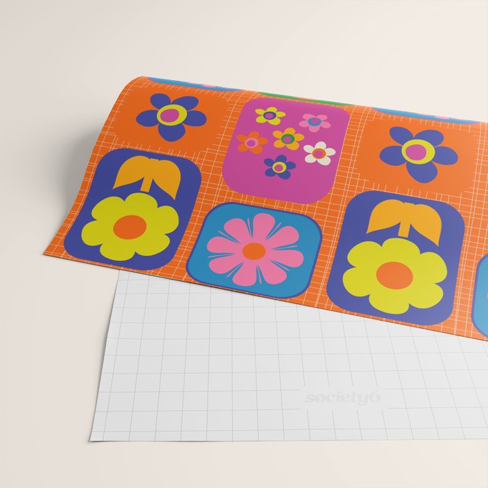 Retro Flower Patch Cute & Colorful Pattern on Orange Wrapping Paper Gallery Image 2