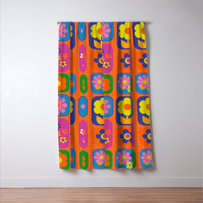 Retro Flower Patch Cute & Colorful Pattern on Orange Window Curtain Gallery Image 3
