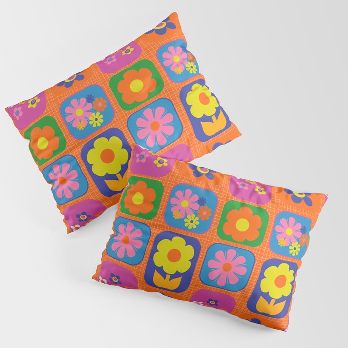 Retro Flower Patch Cute & Colorful Pattern on Orange Pillow Sham Gallery Image 3