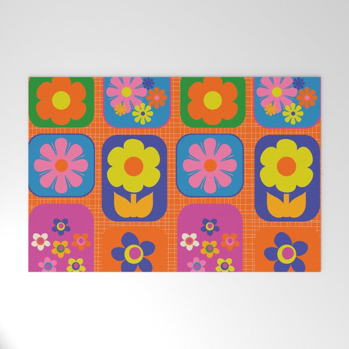 Retro Flower Patch Cute & Colorful Pattern on Orange Welcome Mat Gallery Image 1
