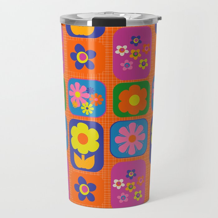 Retro Flower Patch Cute & Colorful Pattern on Orange Travel Mug Gallery Image 1