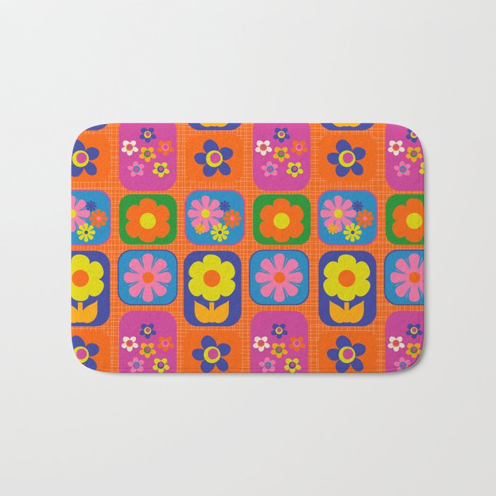 Retro Flower Patch Cute & Colorful Pattern on Orange Bath Mat Gallery Image 1